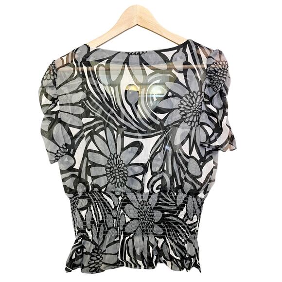 BCBGMAXAZRIA Chiffon Top V-Neck Abstract Black Gray Short Sleeves Neck Tie NWT - Picture 3 of 8